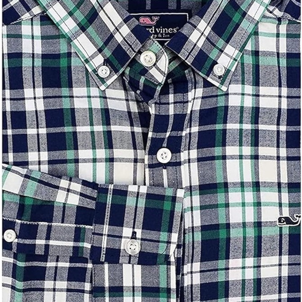 Vineyard Vines Navy, Green & White Plaid Button-Down Shirt